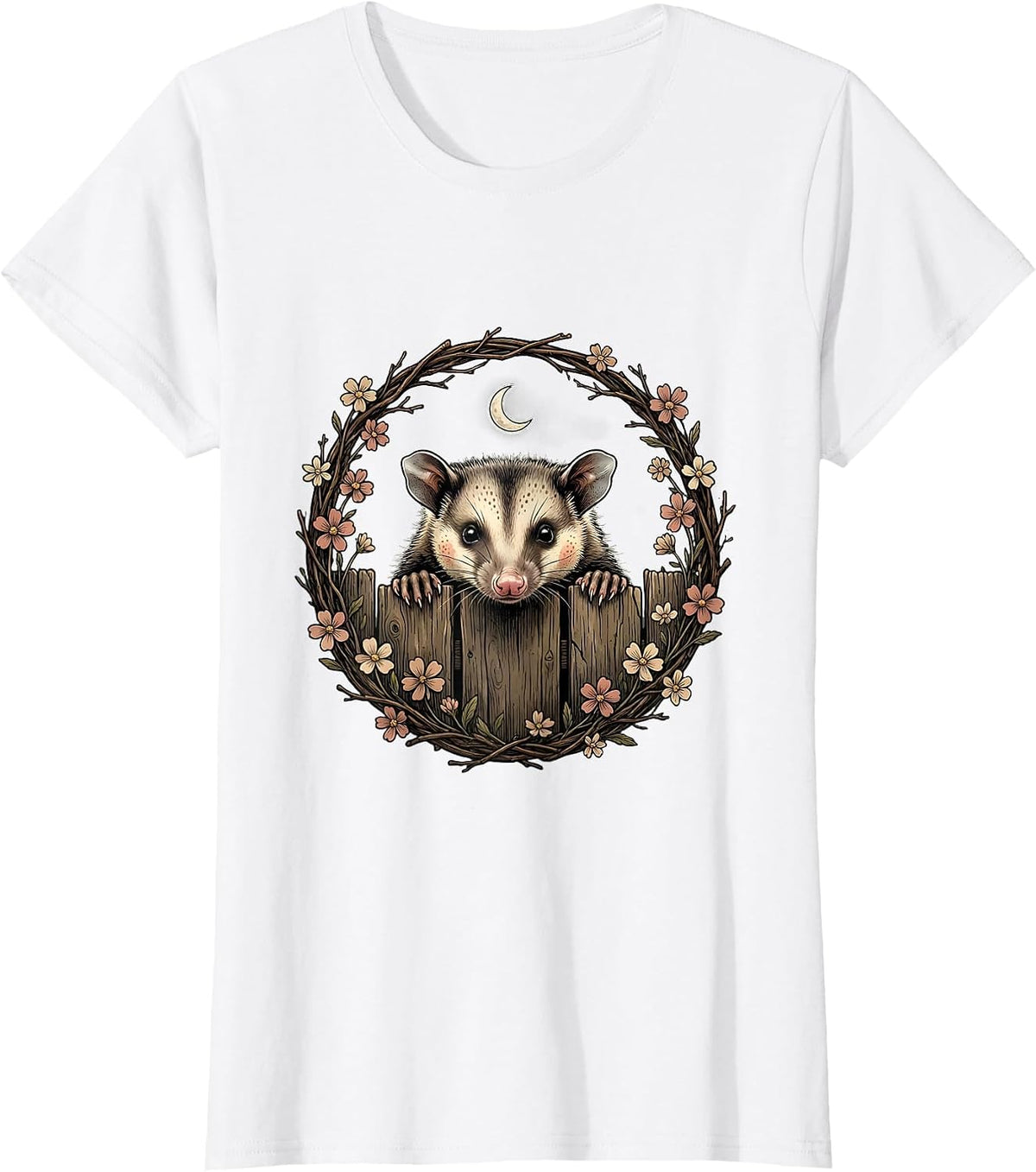 Opossum Peeking Over Fence Funny Wildlife Design T-Shirt - White
