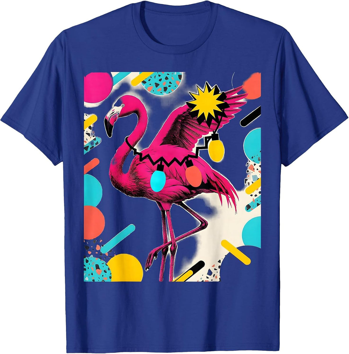 Men's Pink Flamingo Memphis Postmodern Christmas Holiday Novelty T-Shirt - Royal Blue