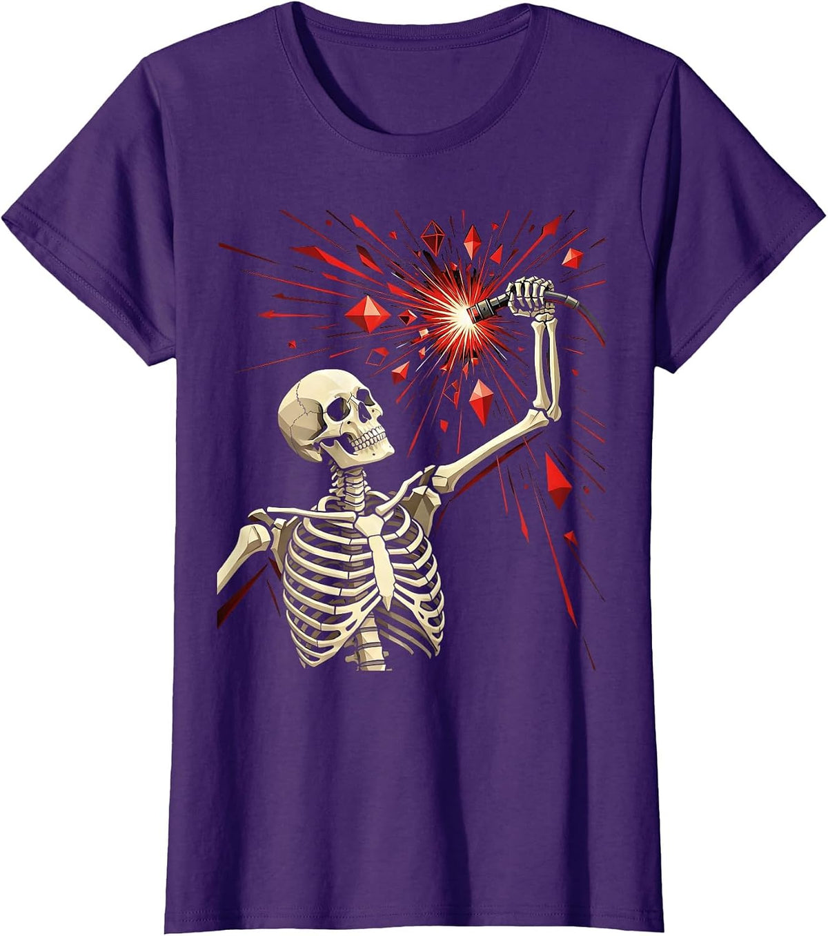 Women's Skeleton Welder Torch Sparks Graphic Tee T-Shirt - Purple