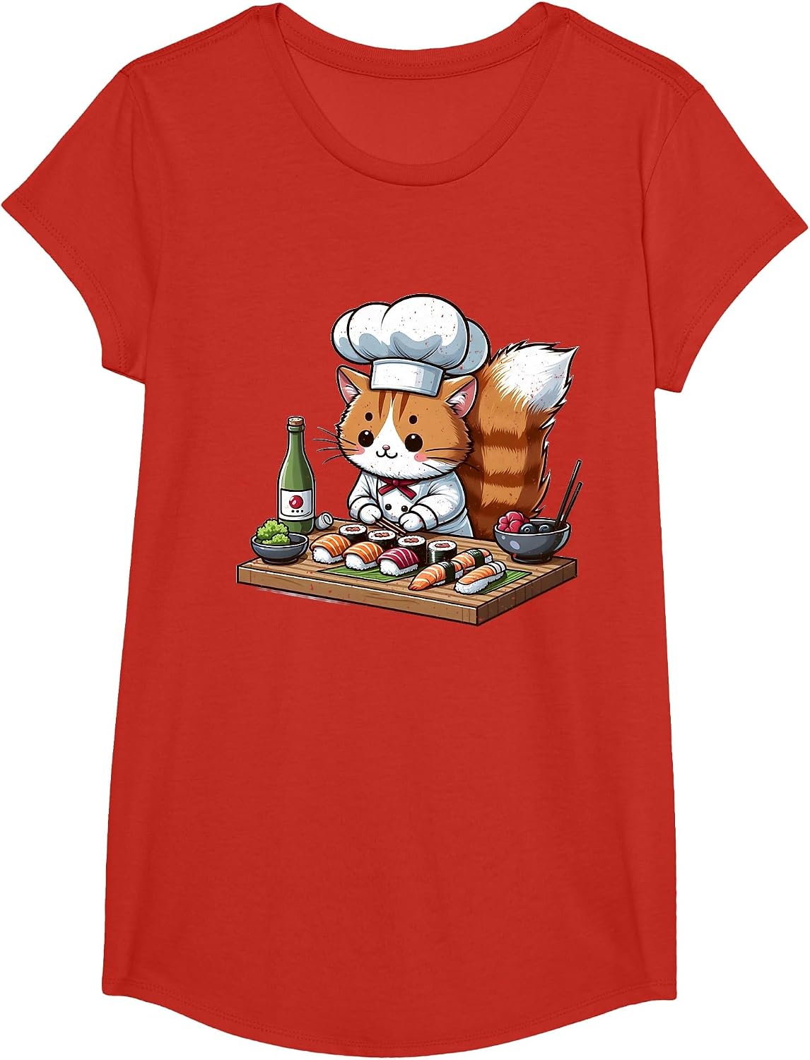 Cat Chef Making Sushi T-Shirt - Girls Red
