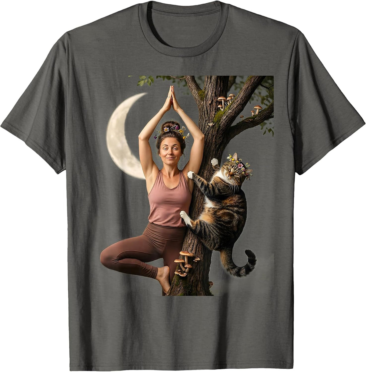 Funny Yoga Cat Climbing Illustration Gift T-Shirt - Asphalt Grey