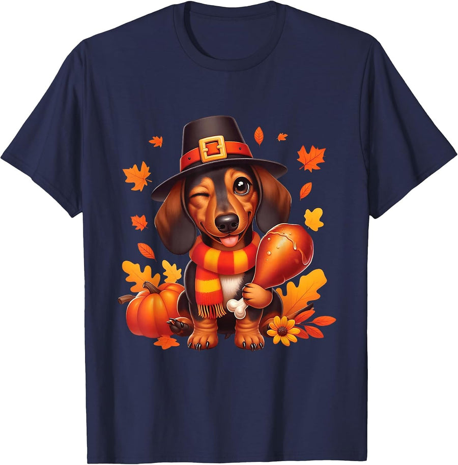 Dachshund Pilgrim Happy Thanksgiving Dog Men Women Girl Boy T-Shirt - Navy Blue