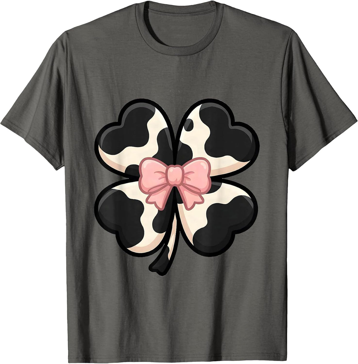 Men's Cute Kawaii Clover Cow-Print Bow Pattern for Cow Lovers T-Shirt - Asphalt Grey