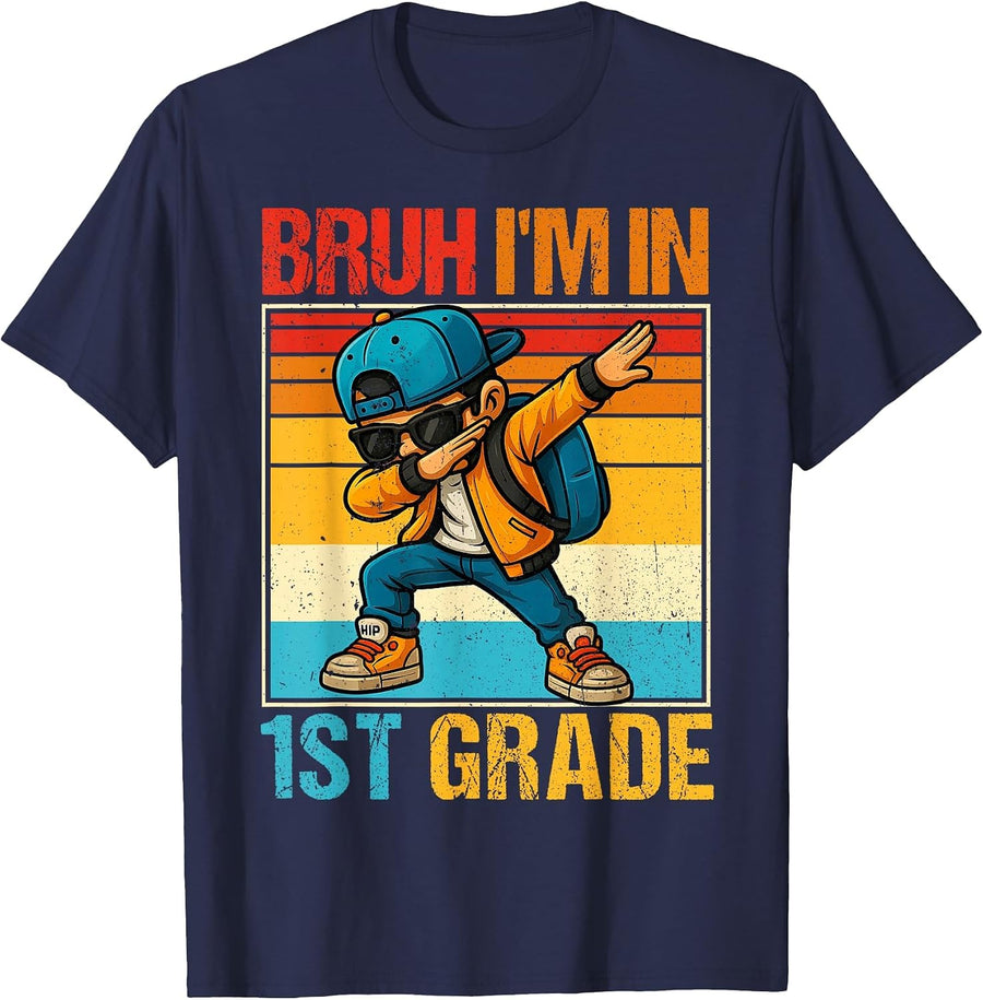 First Grade Dabbing Boy Bruh I'm in 1st Grade Student T-Shirt - Navy Blue