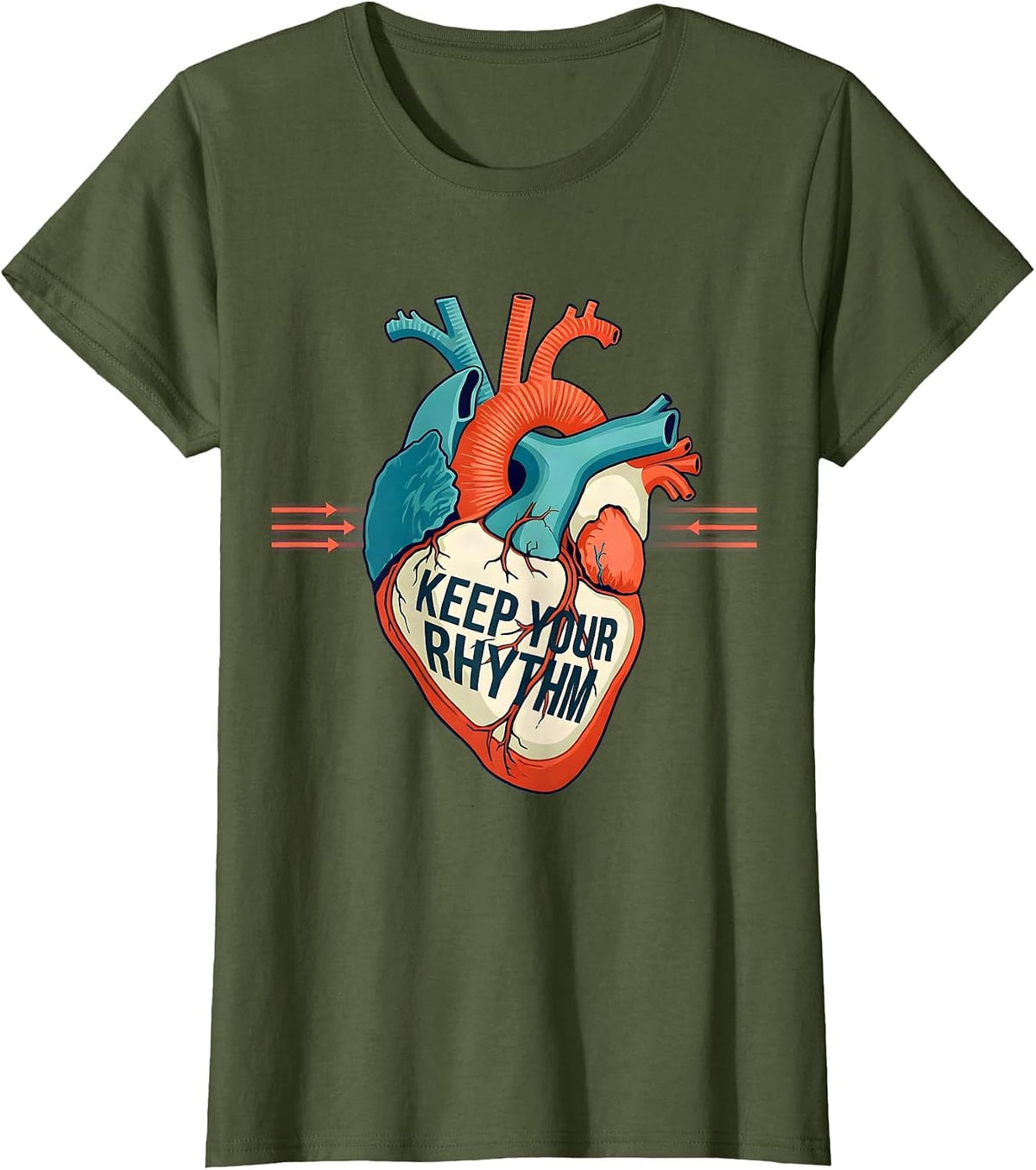 Women's Keep Your Rhythm Flat Vector Anatomical Cardiac Nurse Heart T-Shirt - Olive Green