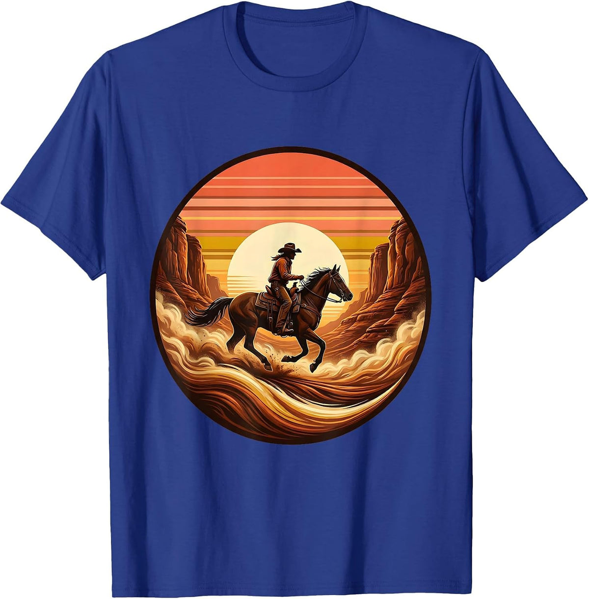 Boy Riding Horse Through Canyon Dust Graphic T-Shirt - Royal Blue