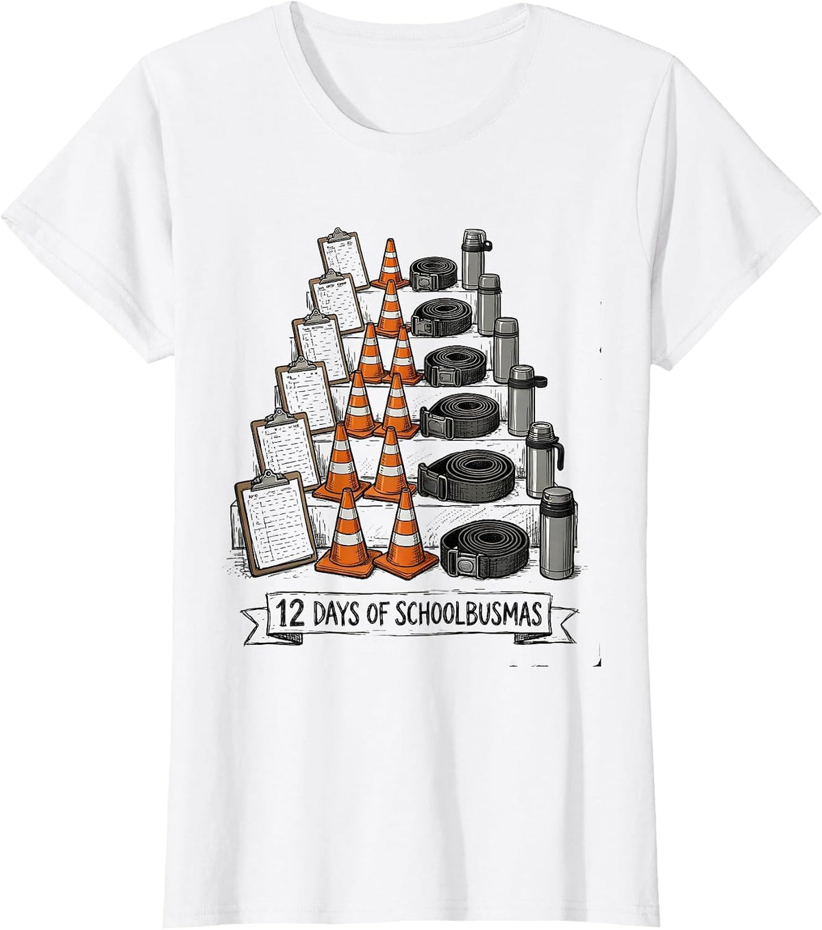 12 Days of Schoolbusmas Hand-Sketched School Bus Driver T-Shirt - White