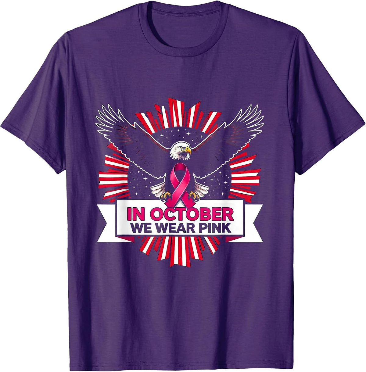 Men's In October We Wear Pink Patriotic Eagle Breast Cancer T-Shirt - Purple