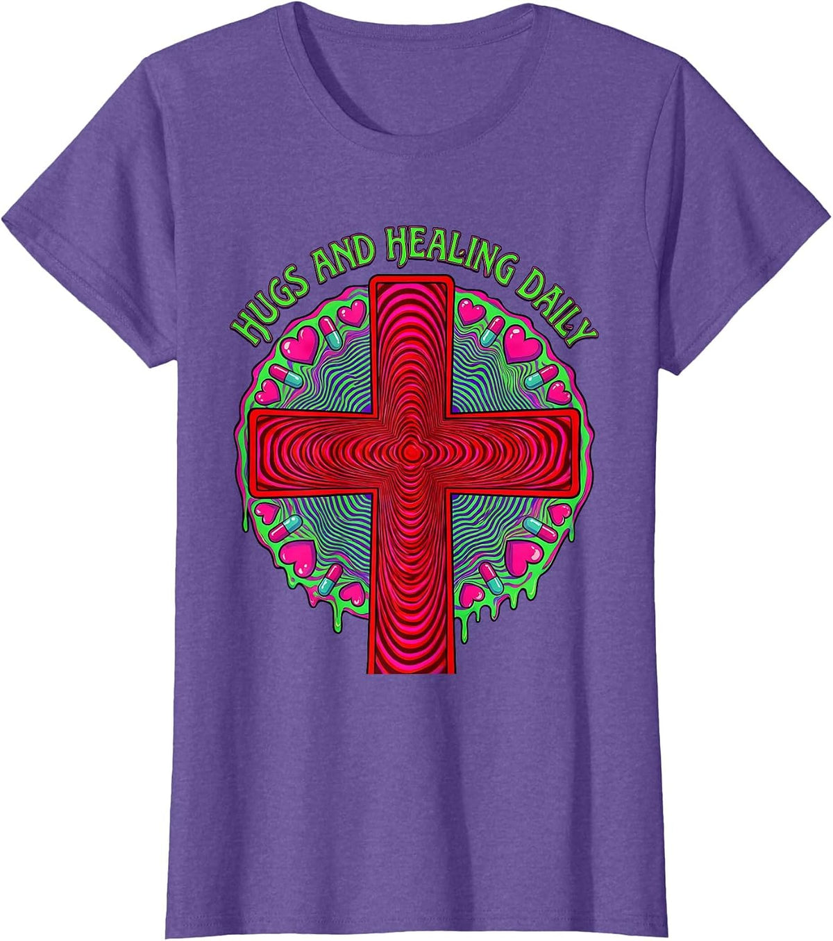 Hugs and Healing Daily School Nurse Design T-Shirt - Purple Heather