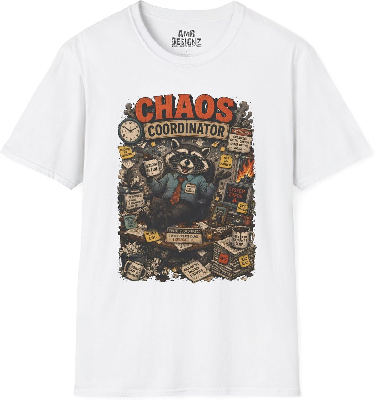 Chaos Coordinator Shirt Funny Raccoon Office Tee, Work Humor Graphic, Coworker Gift Men Women - White