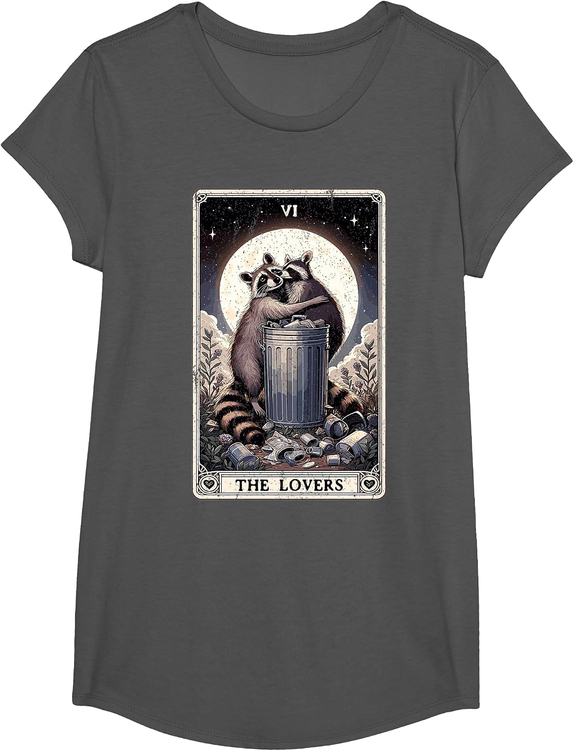 Raccoon Tarot Card The Lovers Funny Raccoon T-Shirt - Girls Asphalt Grey