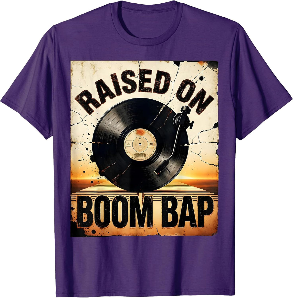 Men's Raised On Boom Bap Distressed Old School Hip Hop Retro T-Shirt - Purple