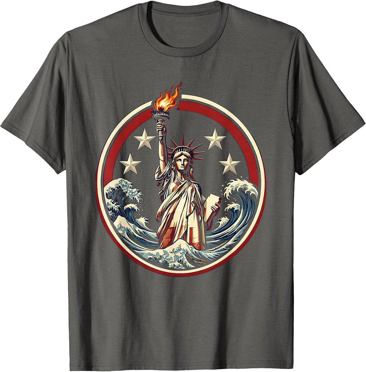 Red White and Blue Torch Bearer Ocean Waves T-Shirt - Asphalt Grey