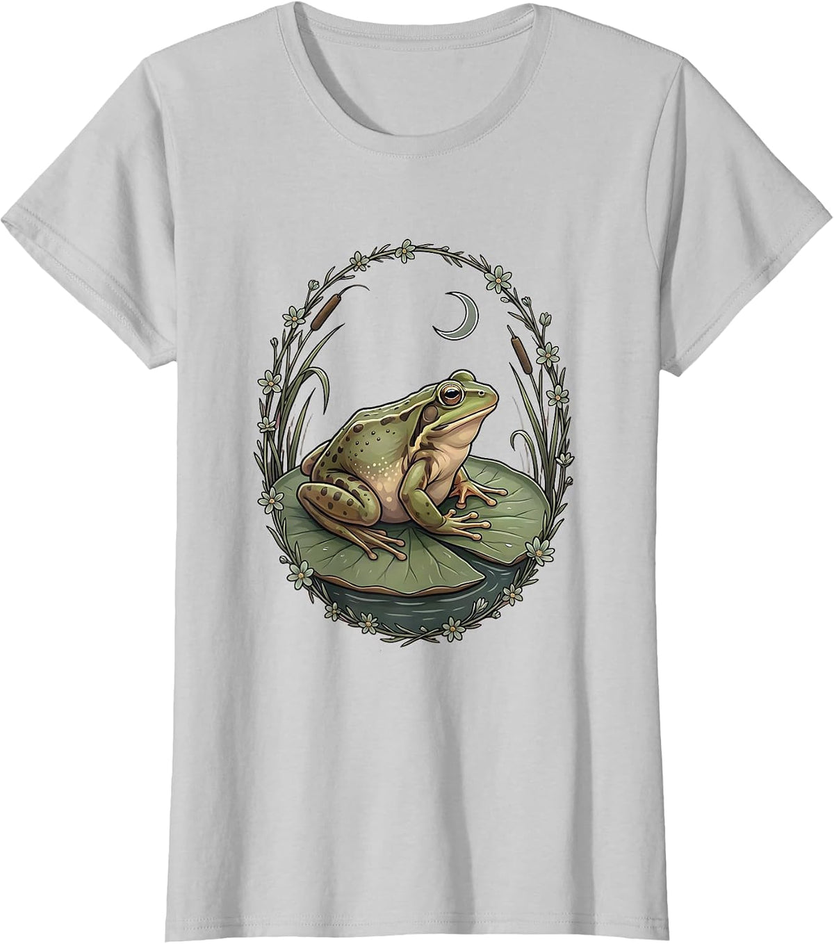 Women's Frog on Lily Pad Lazy Afternoon Illustration T-Shirt - Silver Grey