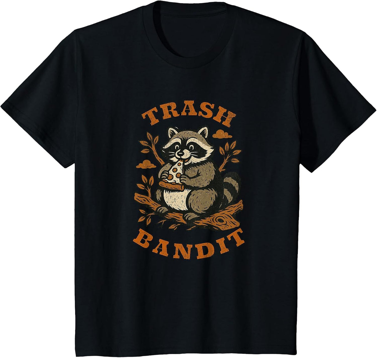 Trash Bandit Funny Raccoon Eating Pizza Cartoon Humor T-Shirt - Black