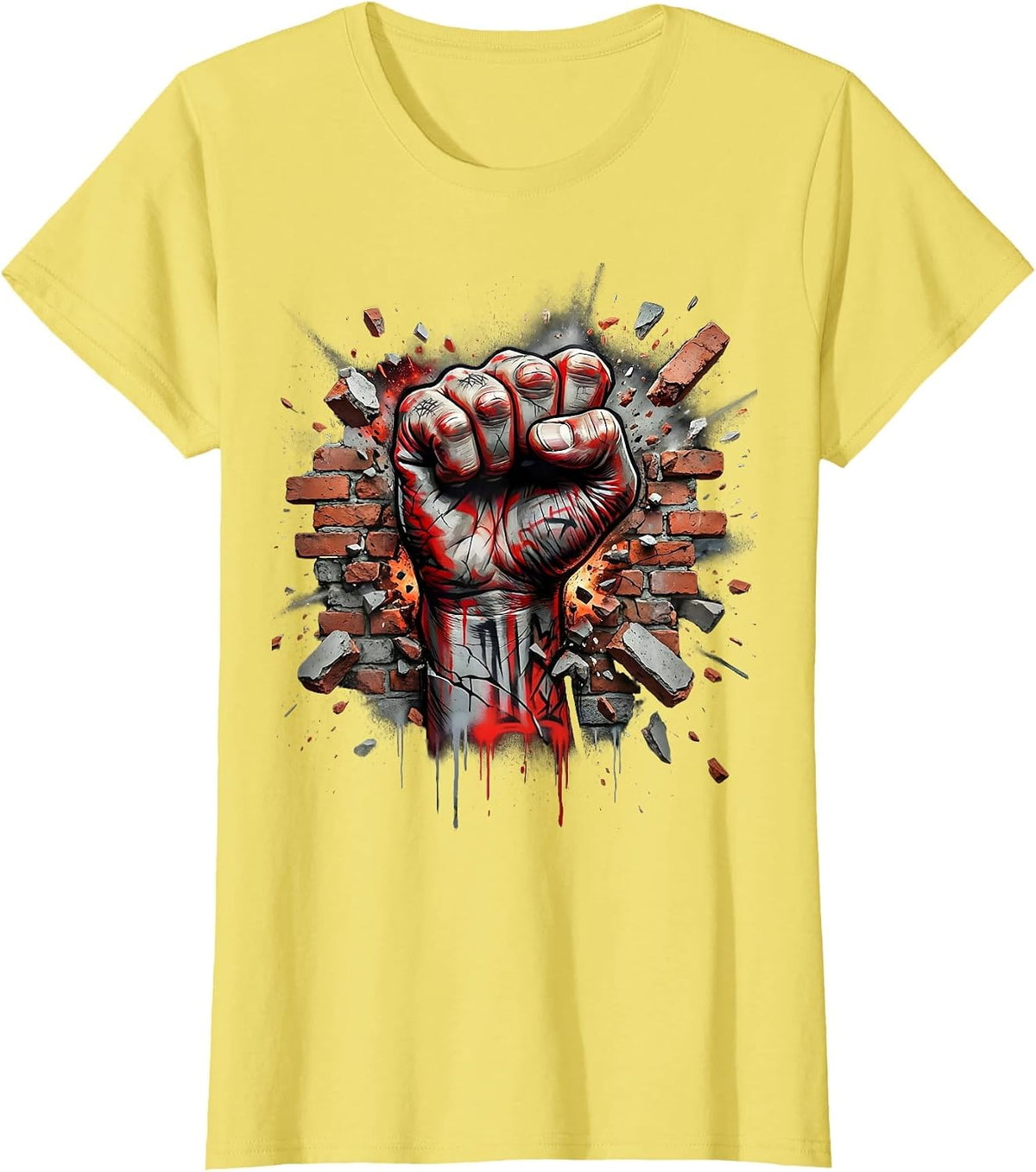 Punk Rock Fist Through Brick Wall Graphic Tee T-Shirt - Lemon Yellow