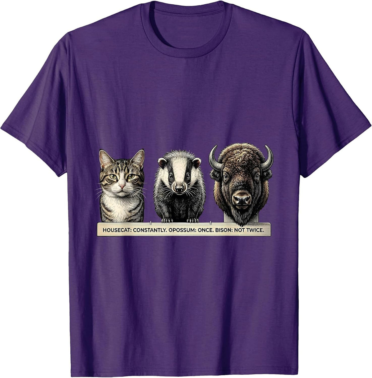 Men's Housecat: Constantly. Opossum: Once. Bison: Not Twice. T-Shirt - Purple