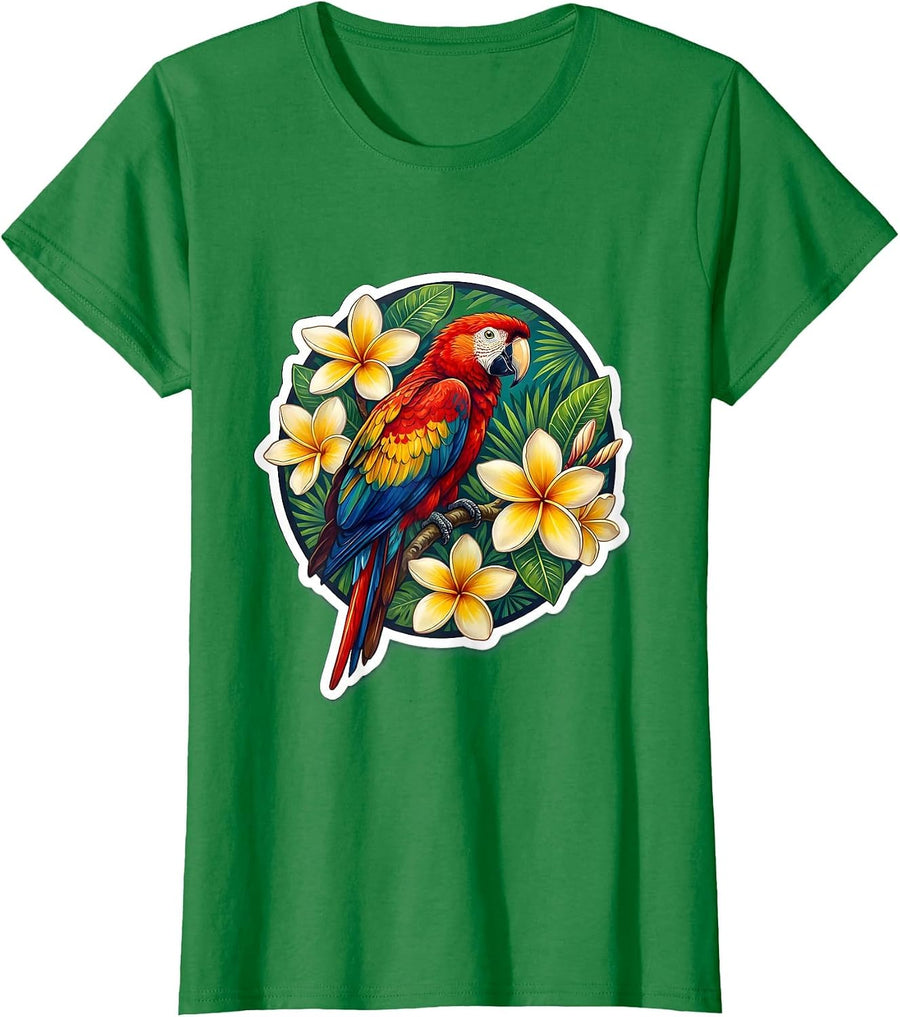 Women's Macaw Parrot Plumeria Hawaiian Floral Design T-Shirt - Kelly Green