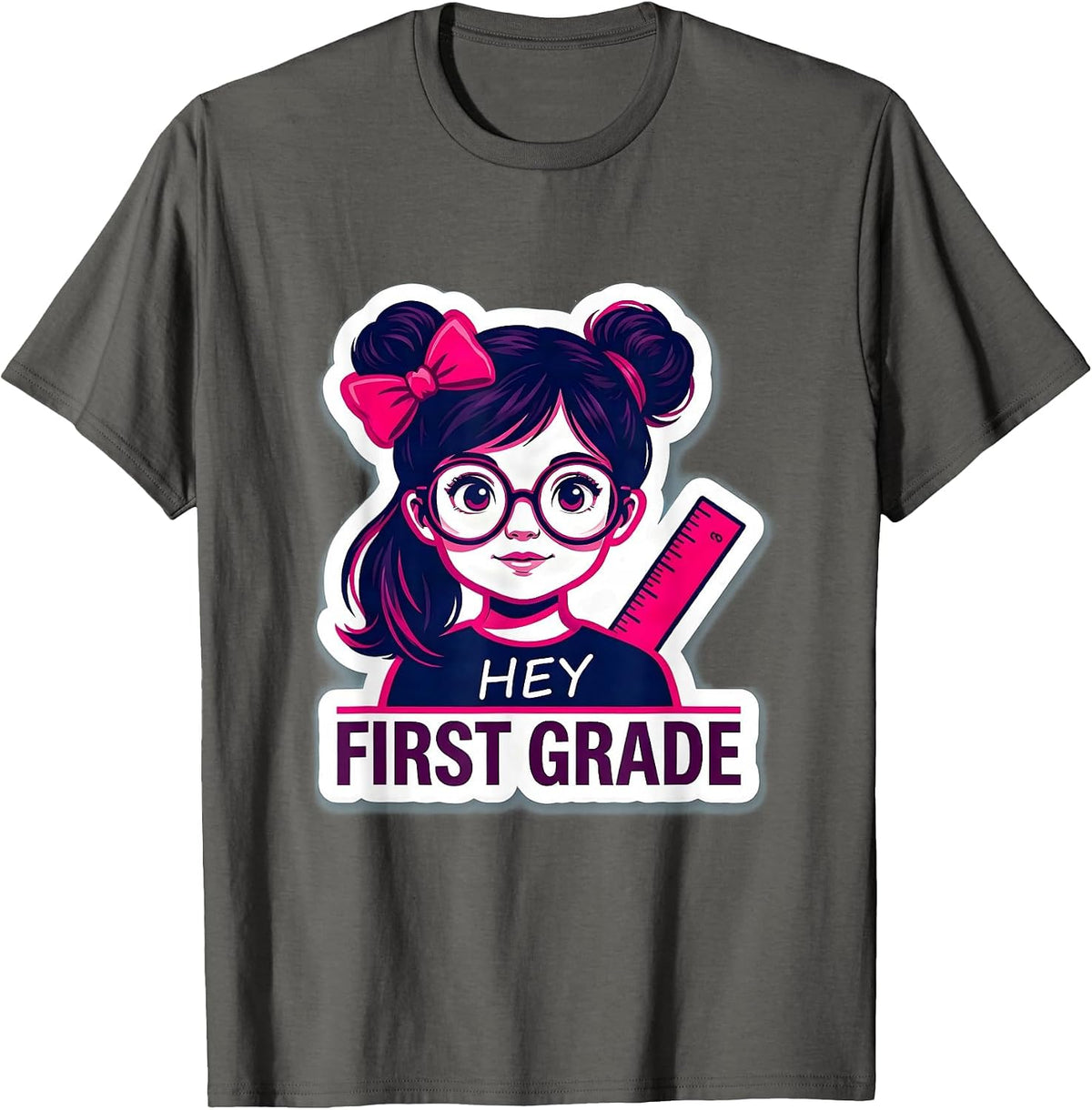 Men's Hey, First Grade Cute Messy Bun Back To School Girl T-Shirt - Asphalt Grey