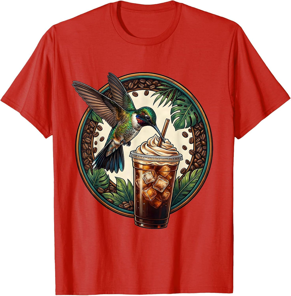 Men's Hummingbird Iced Coffee Lover Graphic Tee T-Shirt - Red