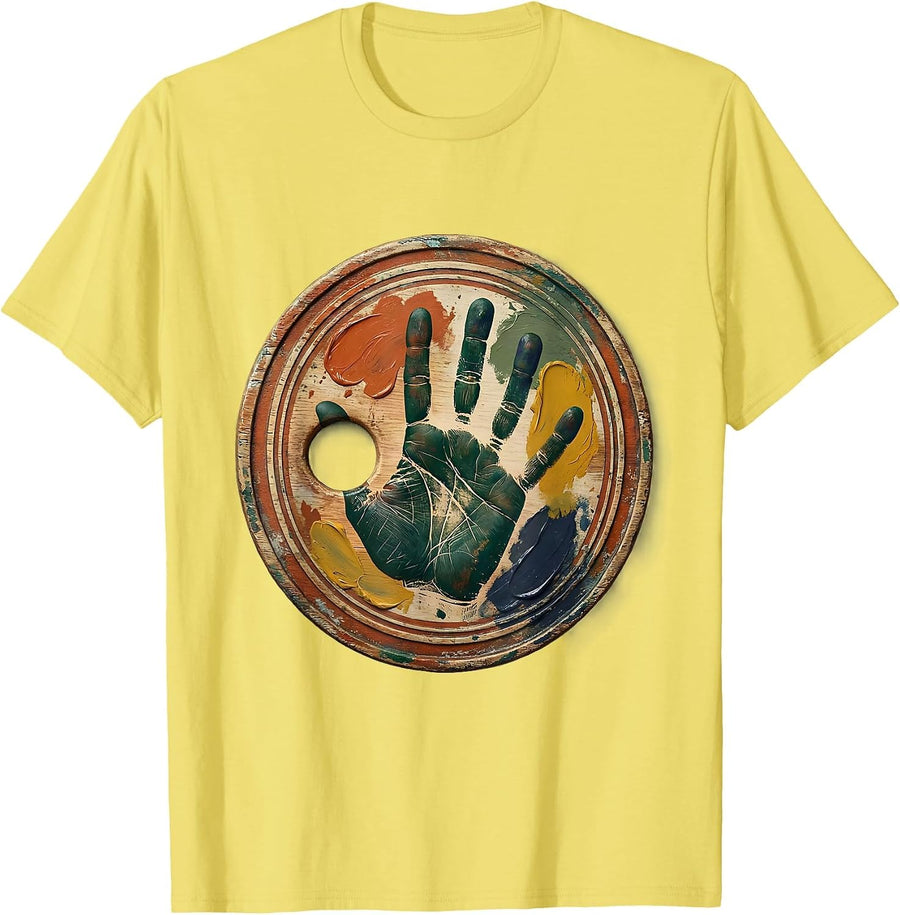 Men's Paint Palette Colorful Handprint Art Teacher Graphic T-Shirt - Lemon Yellow