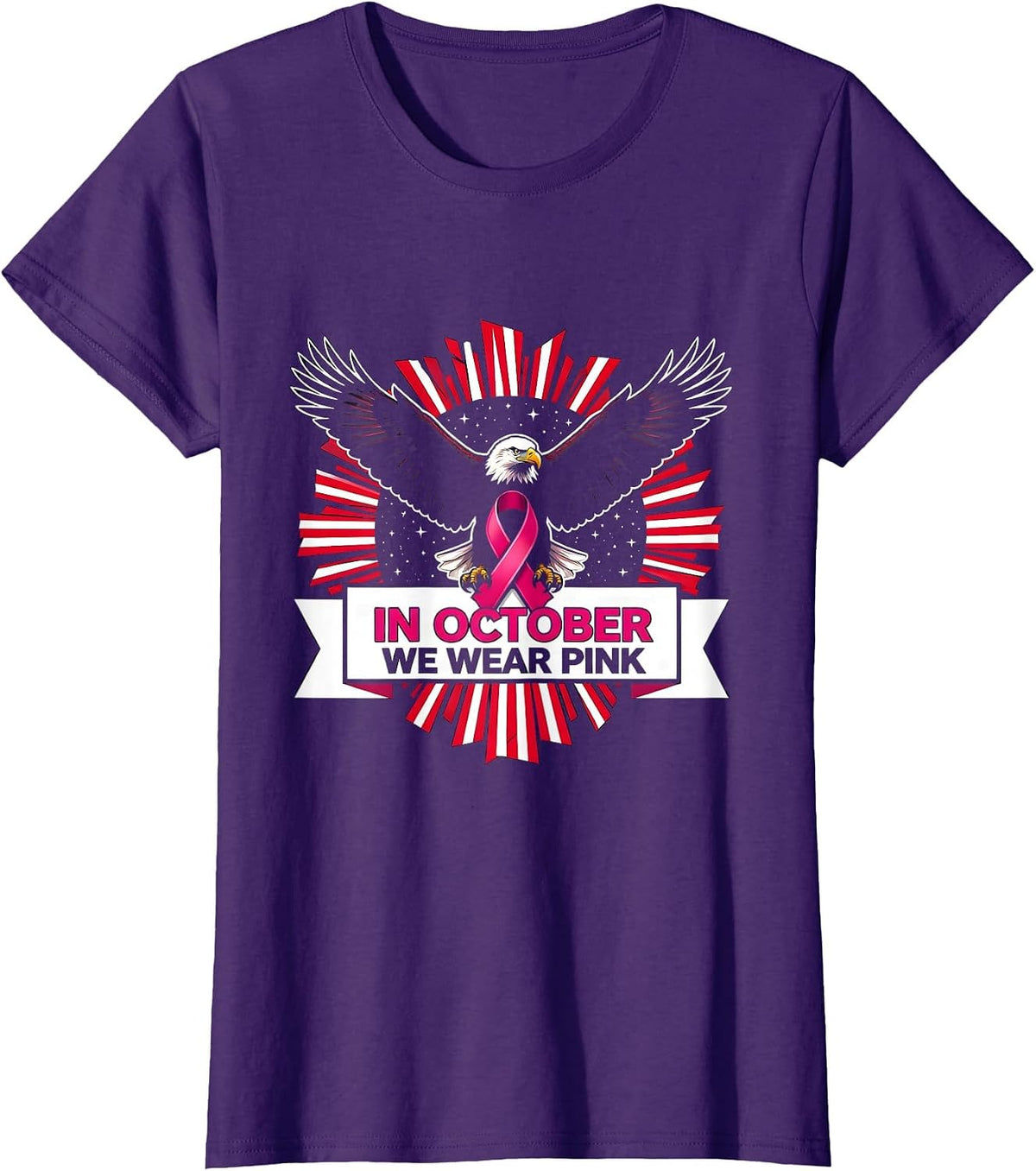Women's In October We Wear Pink Patriotic Eagle Breast Cancer T-Shirt - Purple