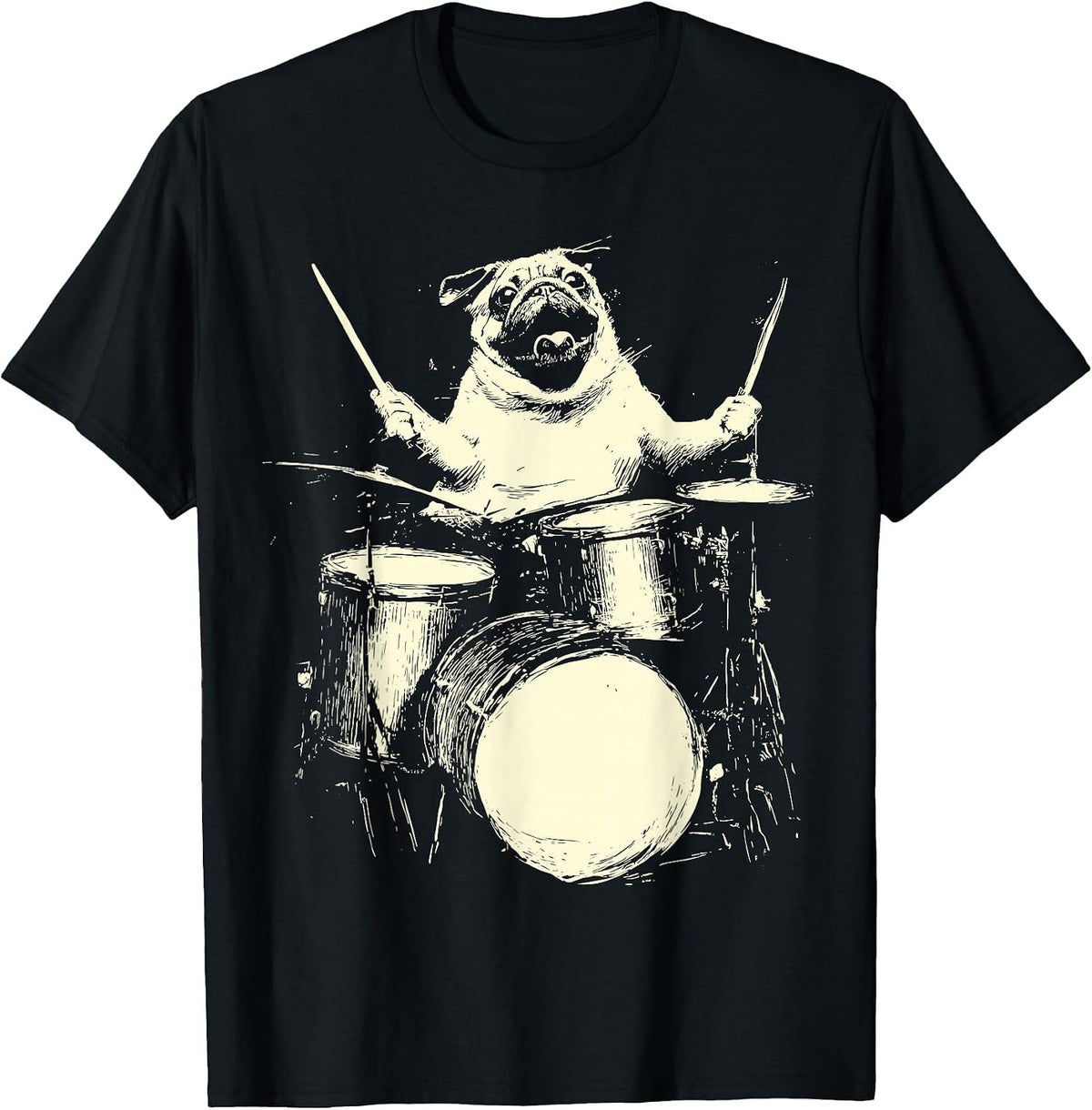 Cute Pug Playing Drums Funny Music Dog Drummer Graphic T-Shirt - Black