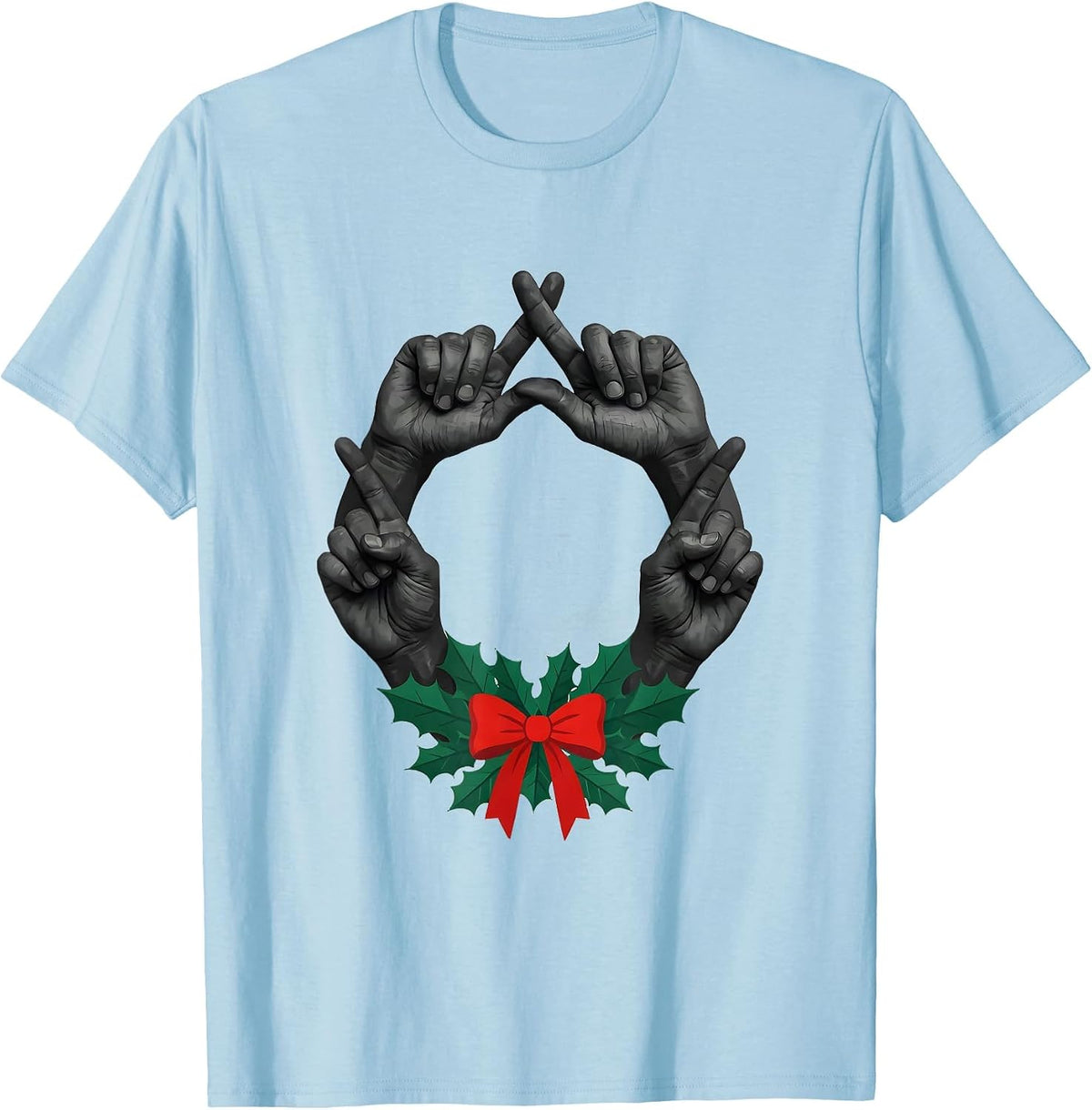 Men's Interlocked Hands Holiday Wreath Rock Metal Guitarist T-Shirt - Baby Blue