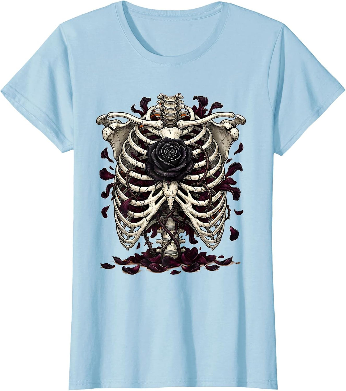 Black Rose Ribcage Gothic Metal Dark Art Design T-Shirt - Baby Blue