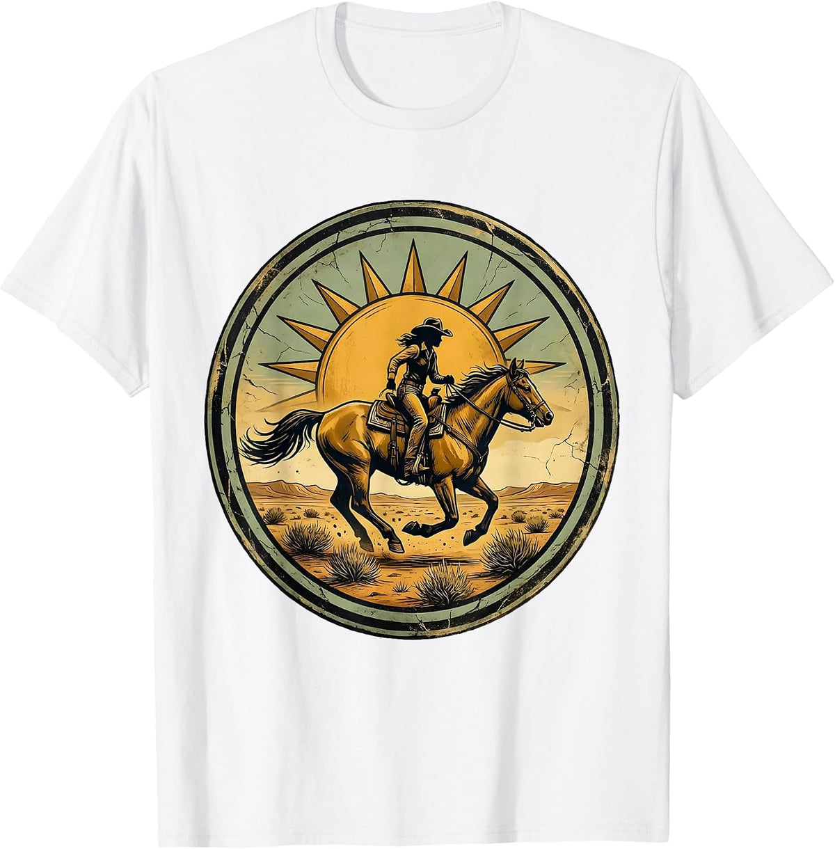 Men's Cowgirl on Horseback Chasing Tumbleweeds T-Shirt - White