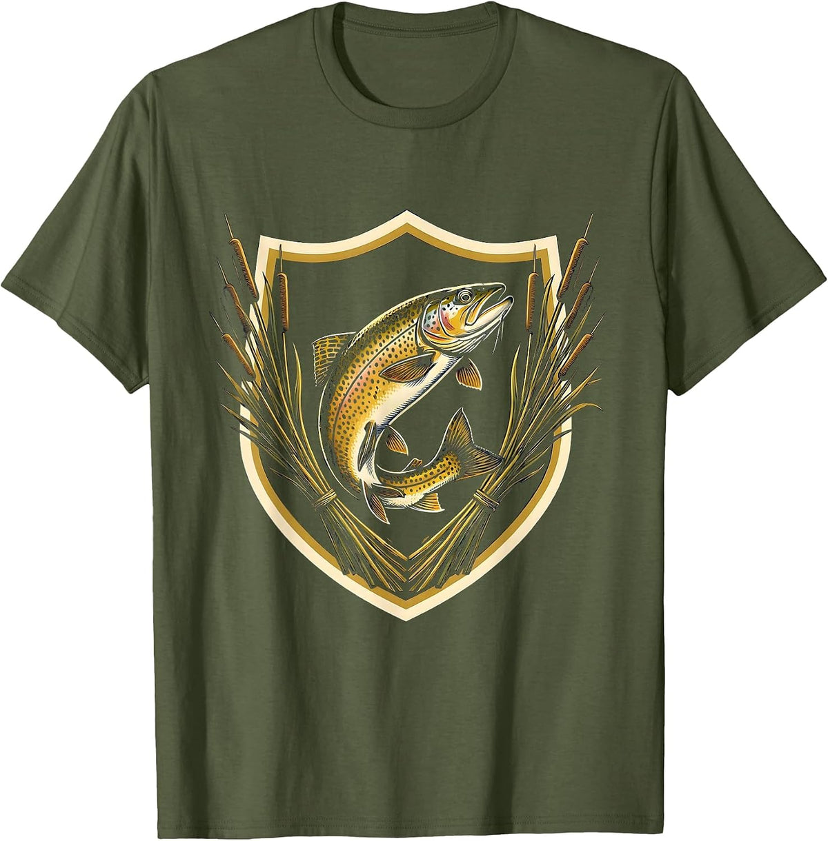 Trout Swimming Through Sunlit Underwater Reeds T-Shirt - Olive Green