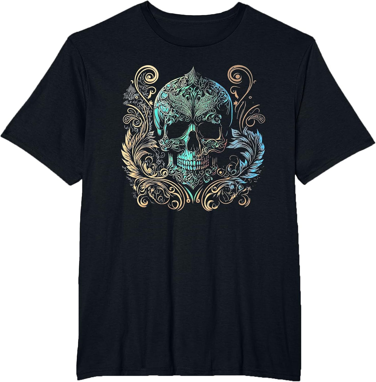 Beautiful Skull Flowers & Roses Artistic Tattoo Rock & Roll T-Shirt - Black