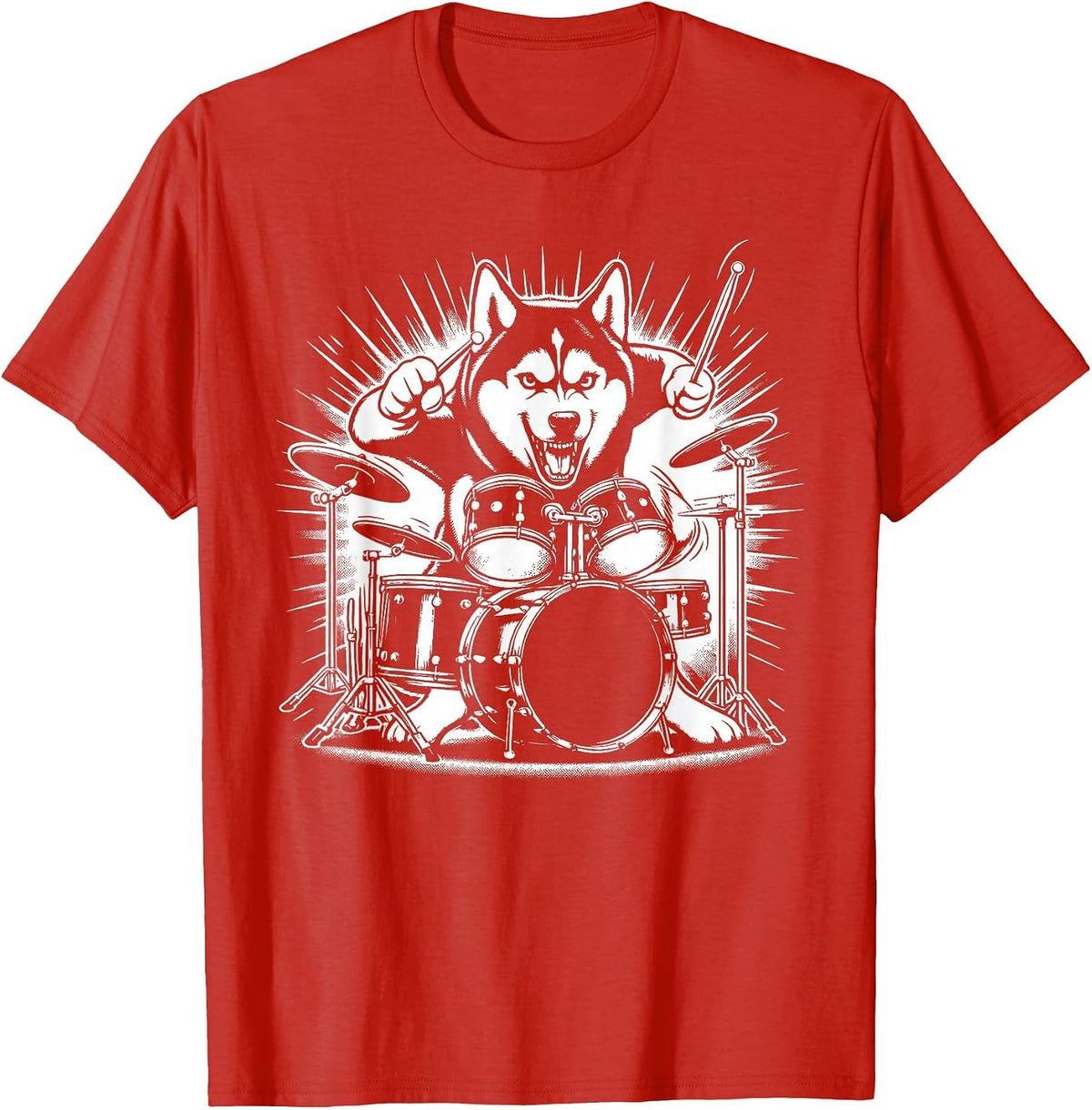 Drumming Husky Drummer Drums Music Rock Band T-Shirt - Red