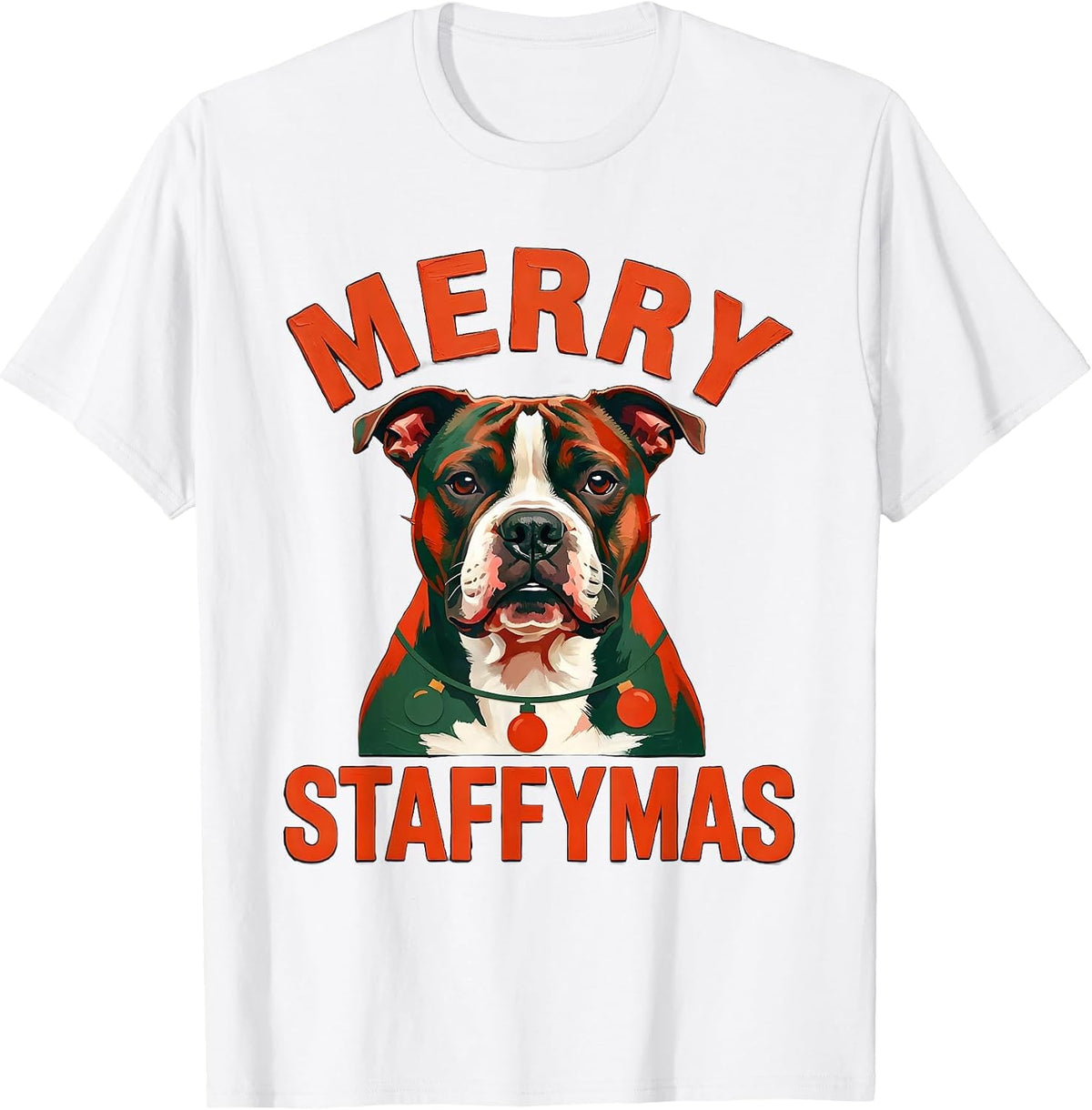 Men's Merry Staffymas Funny Staffordshire Bull Terrier Christmas T-Shirt - White