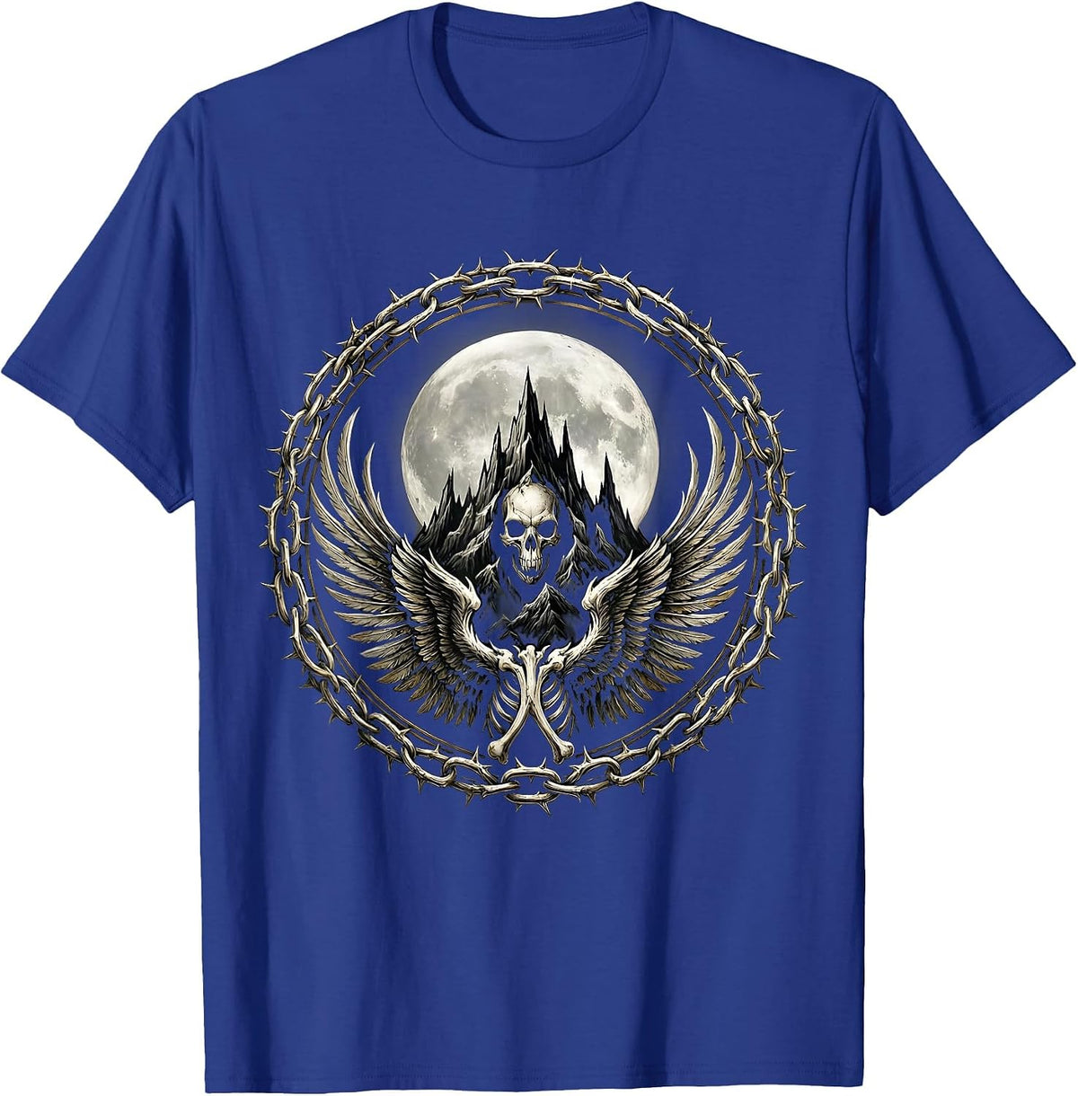 Full Moon Mountain Range Metal Band Graphic T-Shirt - Royal Blue