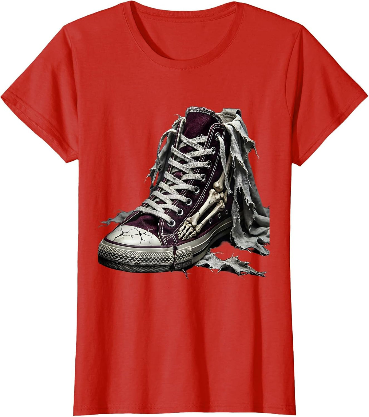 Women's Punk Ripped Sneaker Exposed Toe Bones Graphic T-Shirt - Red