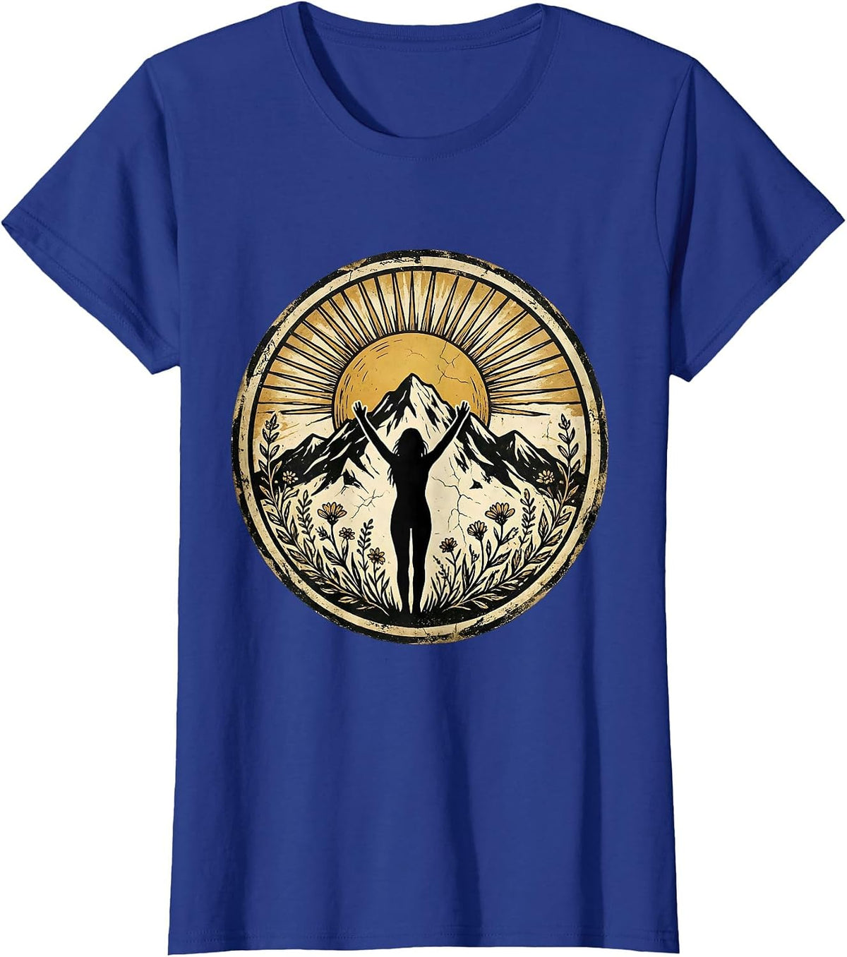 Women's Strong Woman Climbing Mountain Peak Sunrise Art T-Shirt - Royal Blue