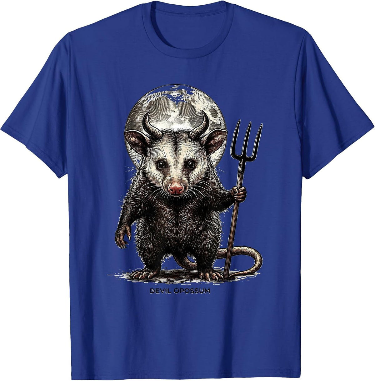 Devil Opossum Crosshatch Etching Spooky Halloween Novelty T-Shirt - Royal Blue