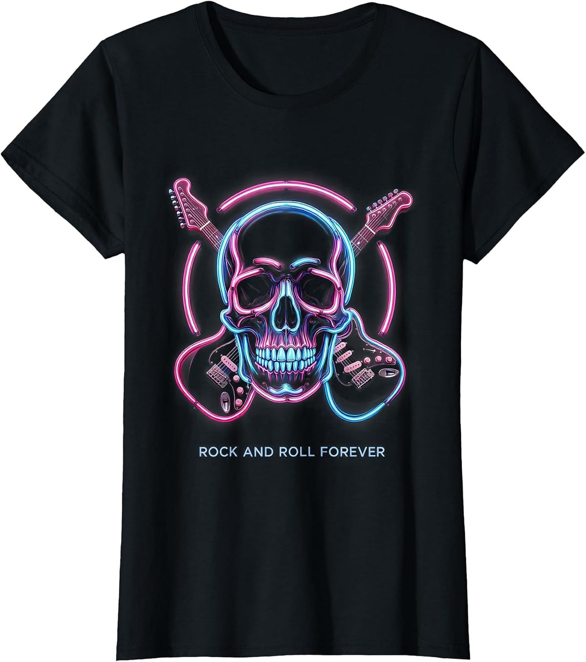 Women's Skull Rock and Roll Forever Graphic Design T-Shirt - Black