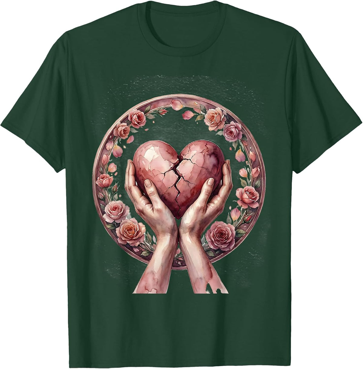 Kindness Heals Cracked Heart Held Together T-Shirt - Dark Green