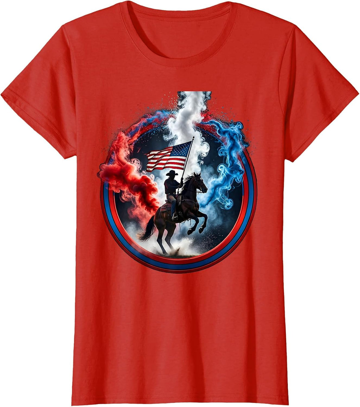 Patriotic Cowboy on Horseback Waving Flag T-Shirt - Red