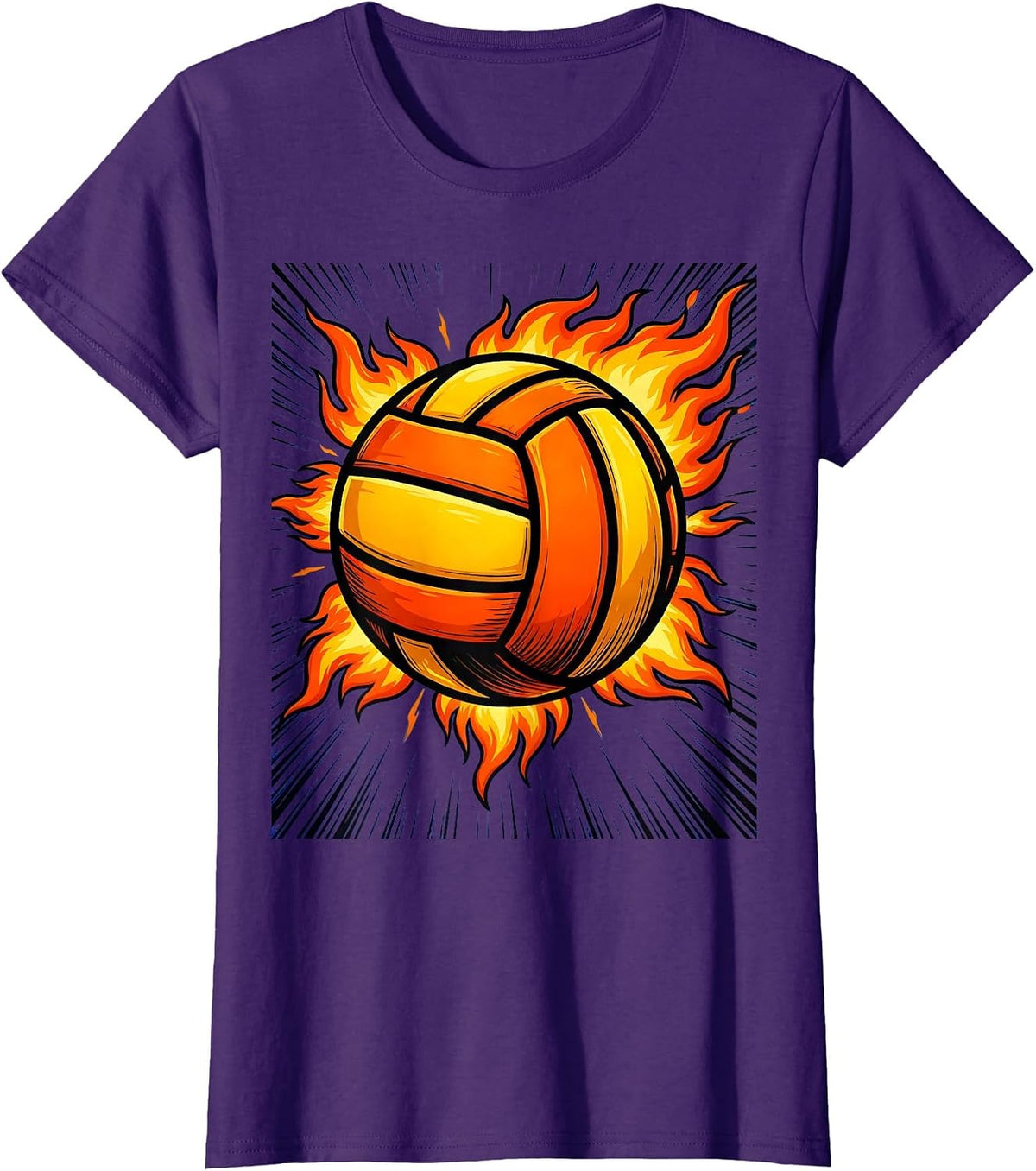Women's Flaming Volleyball Fire Burst Graphic Tee T-Shirt - Purple