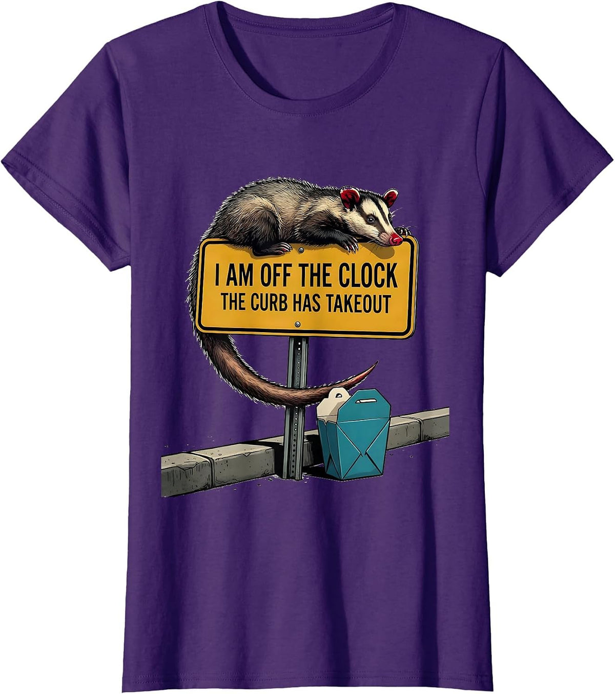 Women's I Am Off The Clock The Curb Has Takeout Funny Opossum Meme T-Shirt - Purple