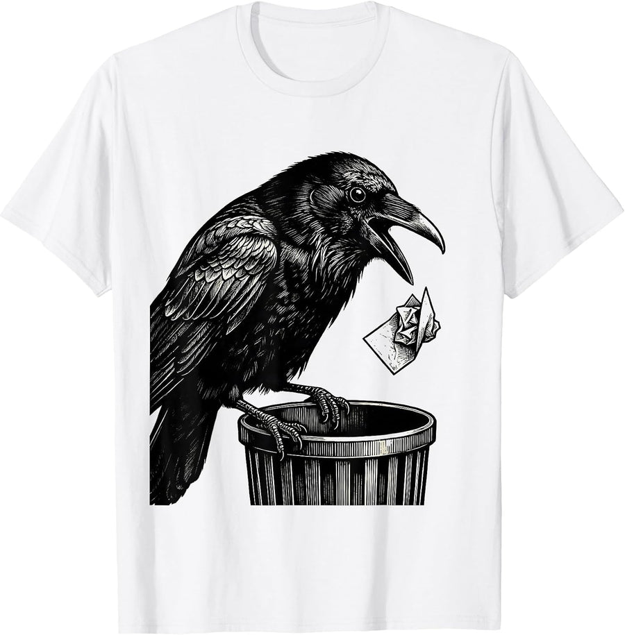 Men's Crow Dropping Pun Scratchboard Gothic Dark Humor T-Shirt - White