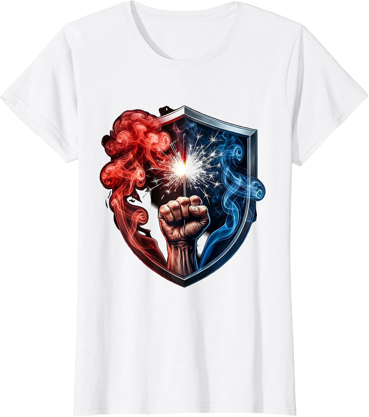 Red White Blue Raised Fist Sparkler Patriotic Design T-Shirt - White