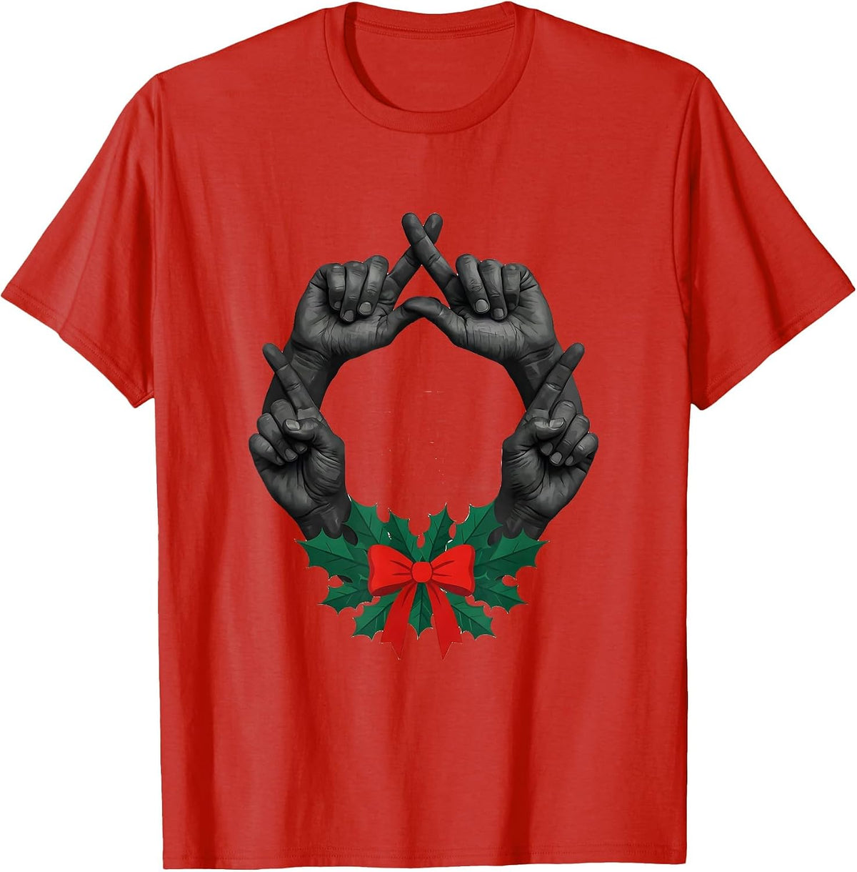 Men's Interlocked Hands Holiday Wreath Rock Metal Guitarist T-Shirt - Red
