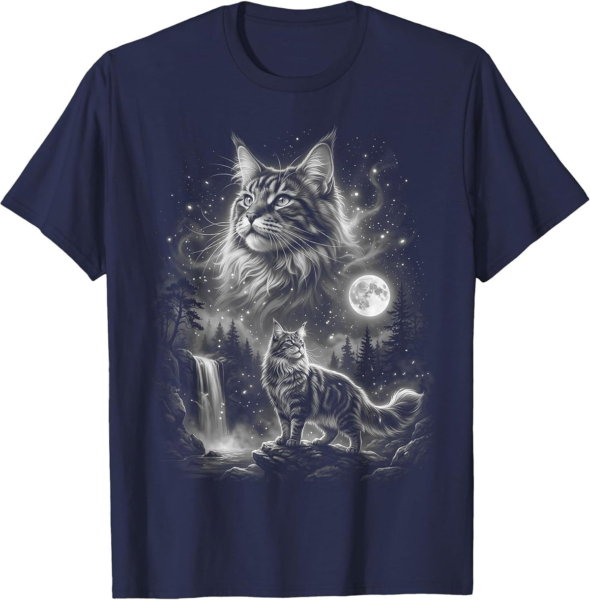 Maine Coon Cat Howling At The Moon T-Shirt - Navy Blue