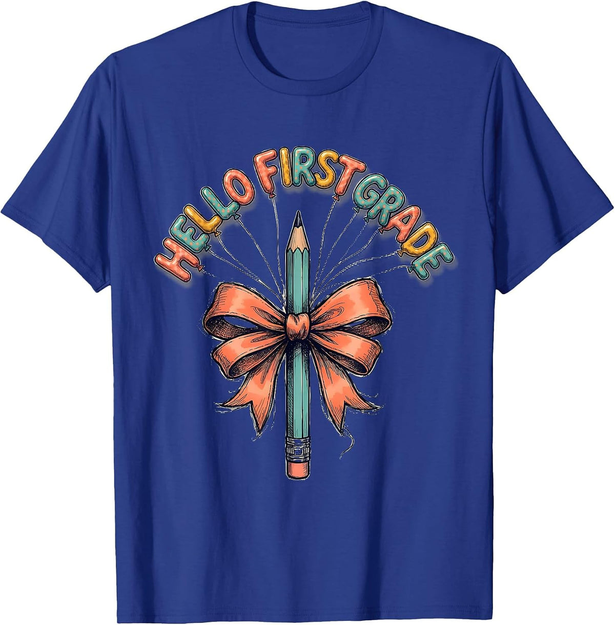 Hello First Grade Cute Back to School Pencil Bow Gift T-Shirt - Royal Blue