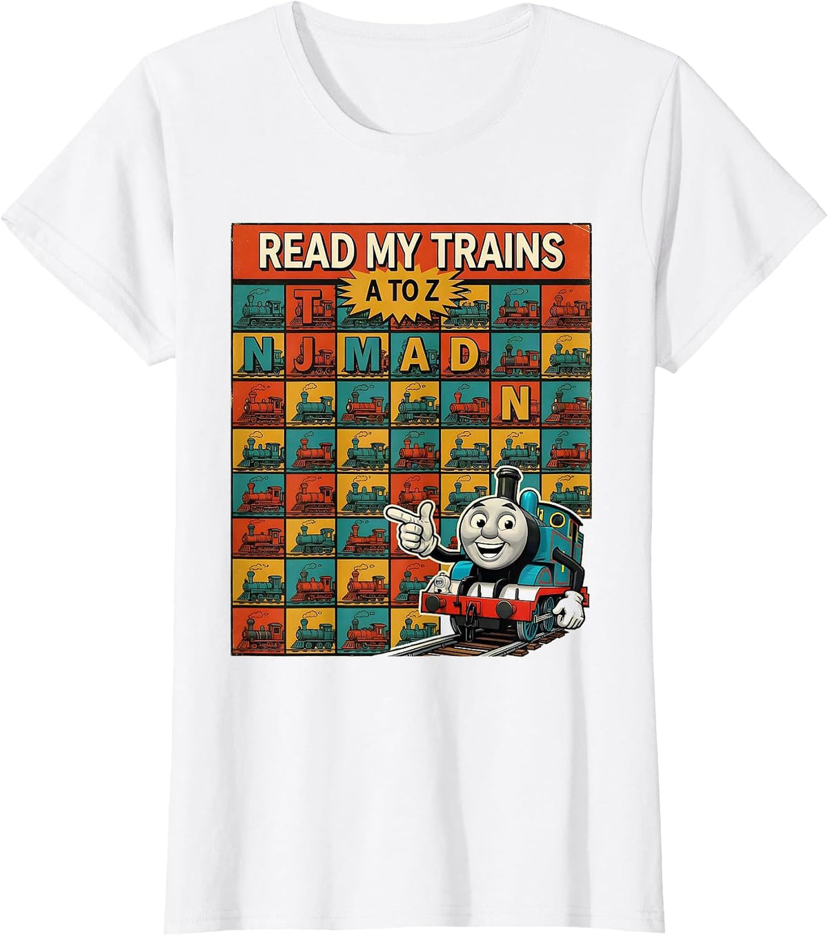 Women's Read My Trains A to Z Retro Alphabet ABC Learning Chart For T-Shirt - White