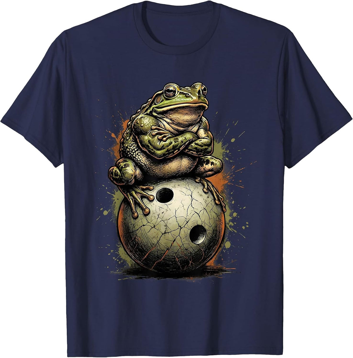 Men's Frog on Bowling Ball Funny Bowling Graphic T-Shirt - Navy Blue